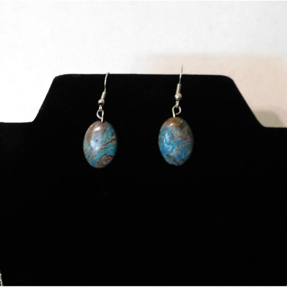 Turquoise Brown Stone Necklace Fishhook Pierced Earrings 20" Silver Tone Chain - Picture 8 of 12